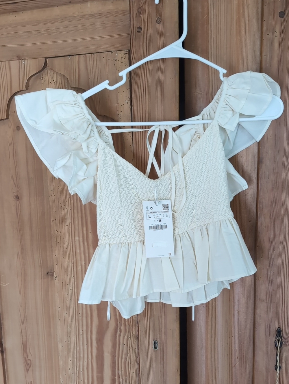 Zara Cream Ruffled Smocked Peplum Crop Top